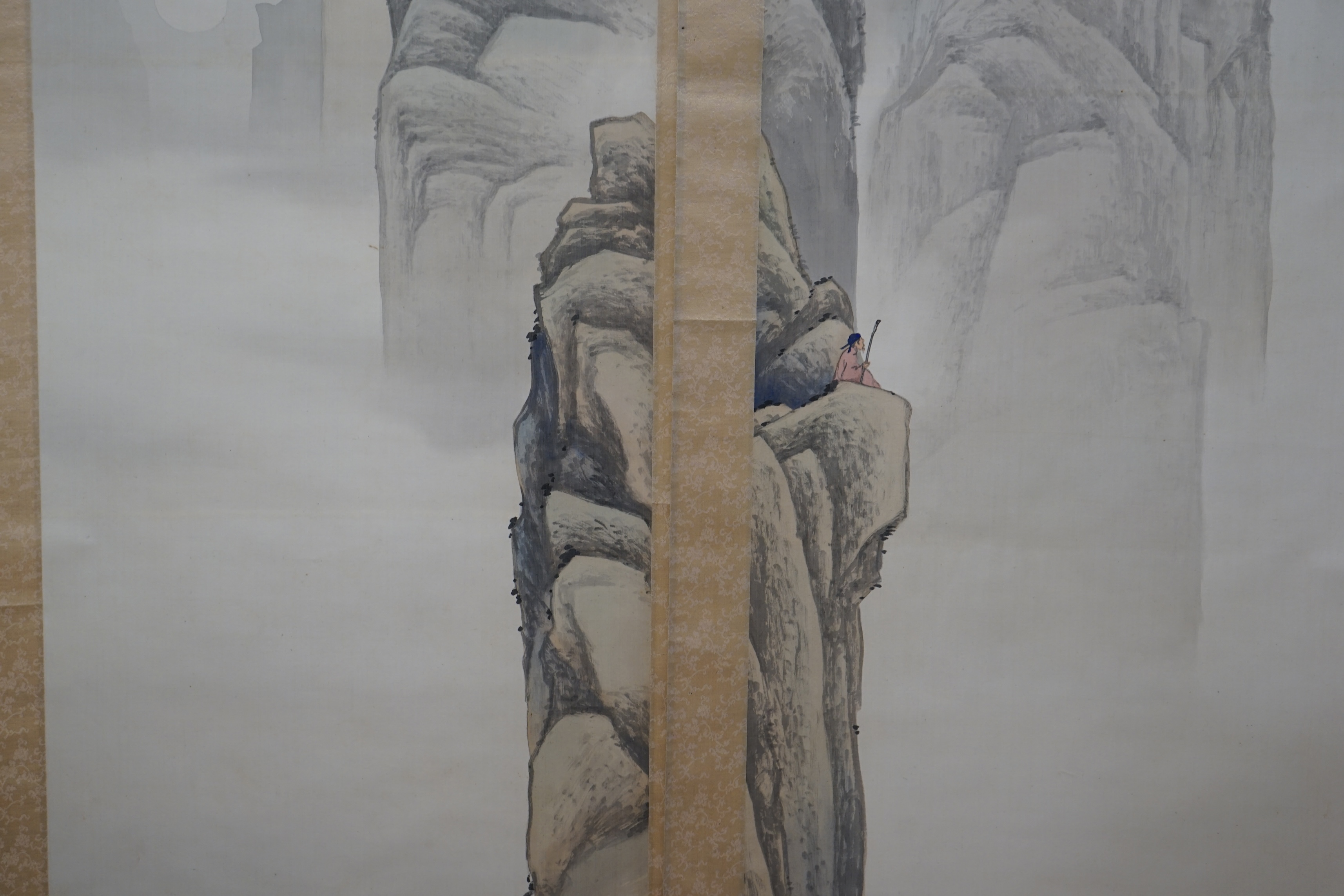 Kodama Kibou, a pair of landscape scrolls, 123cm x 43cm. Condition - fair, some discolouration